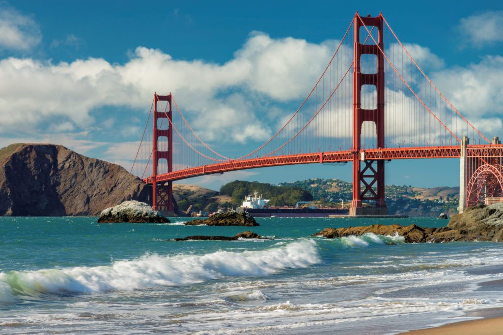 Golden,Gate,Bridge,At,Sunset,Seen,From,San,Francisco,Beach,